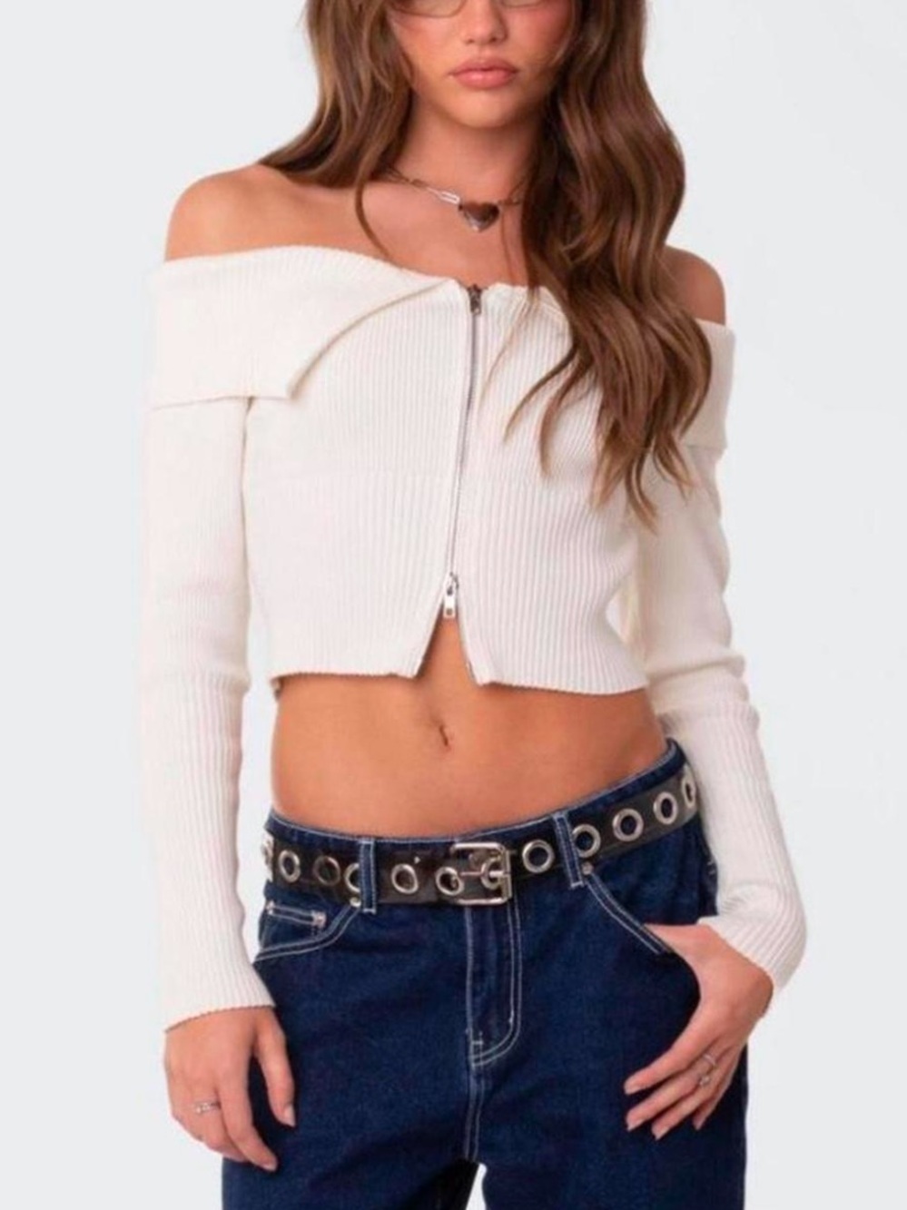 Edikted off shoulder zip up sweater